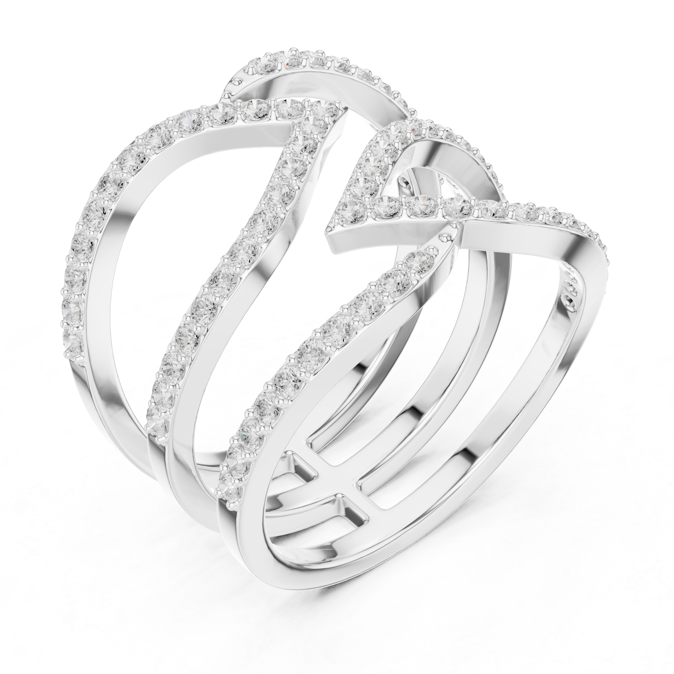 Triple wave intertwined full pave diamond cocktail ring with open design