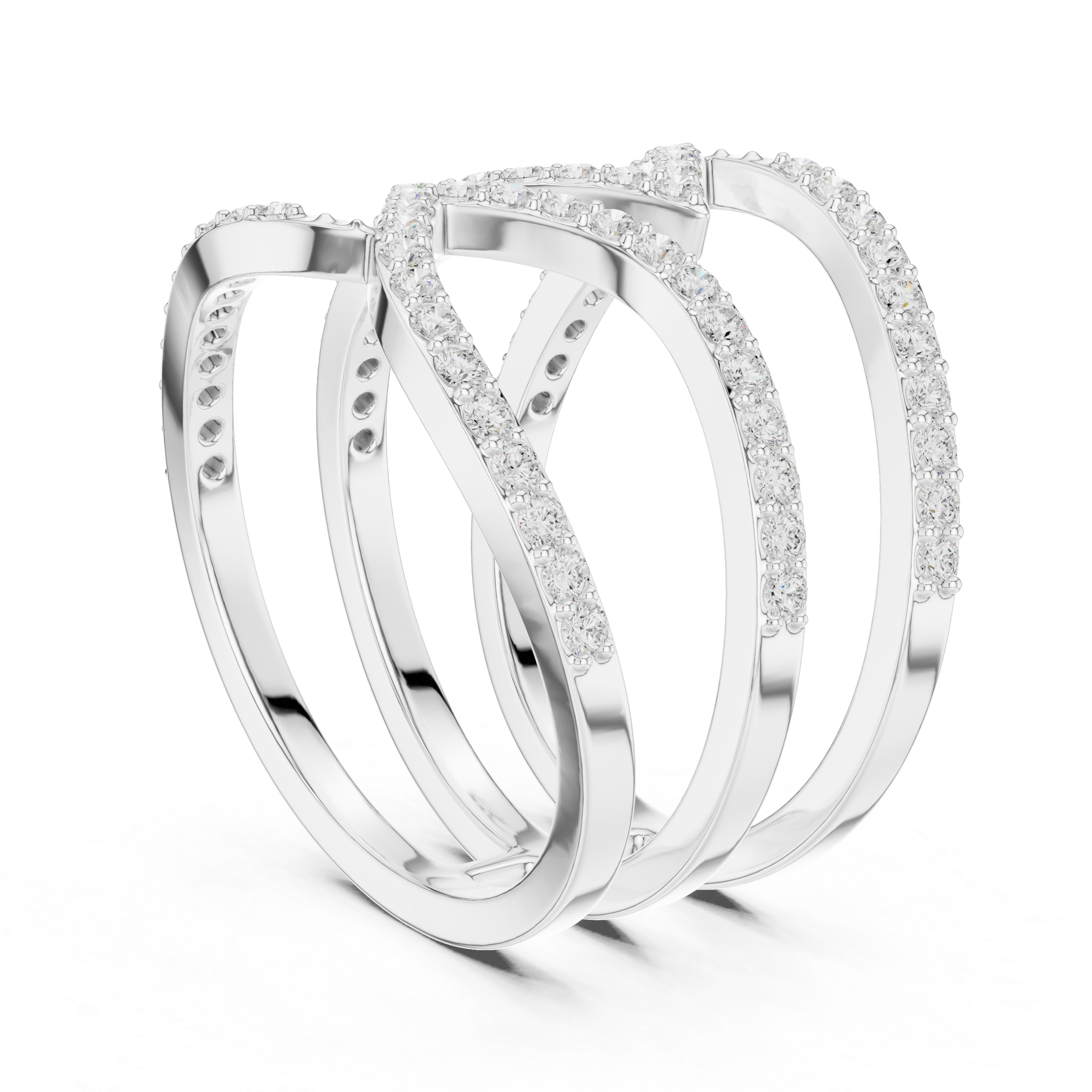 Triple wave intertwined full pave diamond cocktail ring with open design