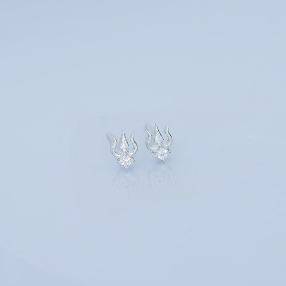 Trishul stud earrings with sacred trident motif and square stone centre