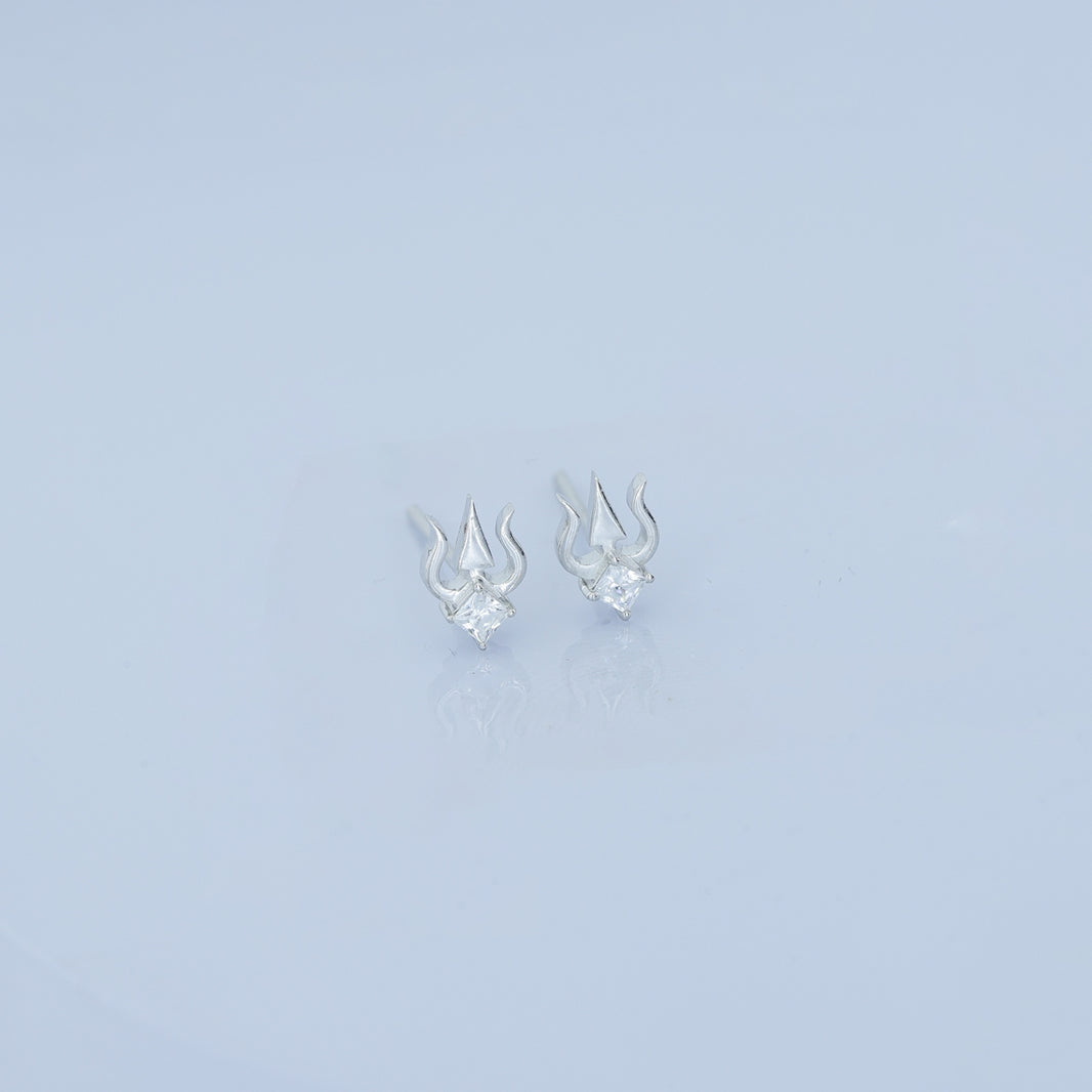 Trishul stud earrings with sacred trident motif and square stone centre