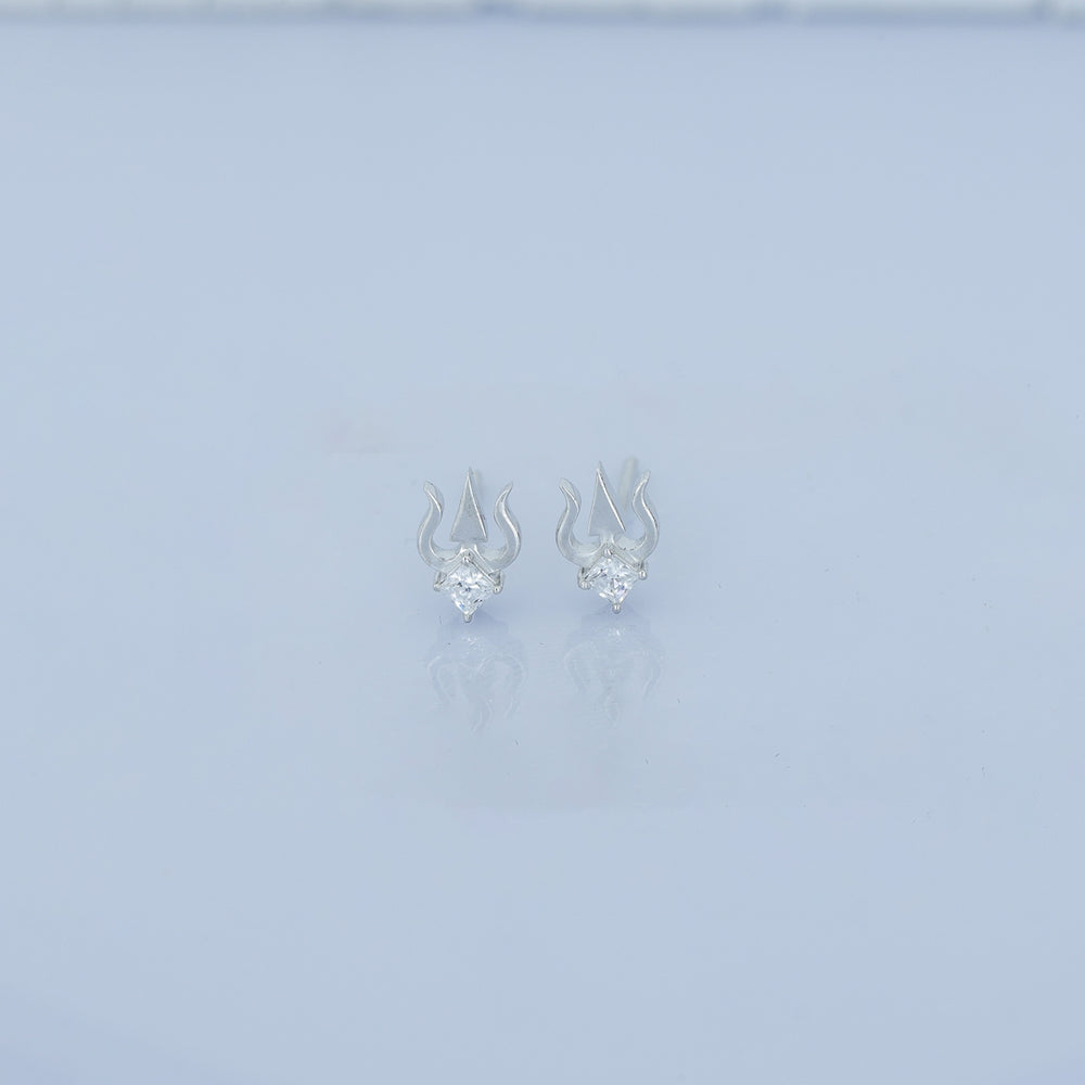 Trishul stud earrings with sacred trident motif and square stone centre