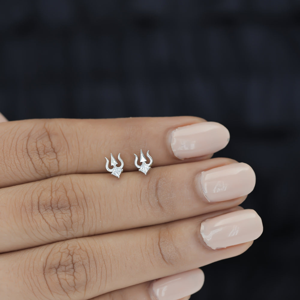 Trishul stud earrings with sacred trident motif and square stone centre