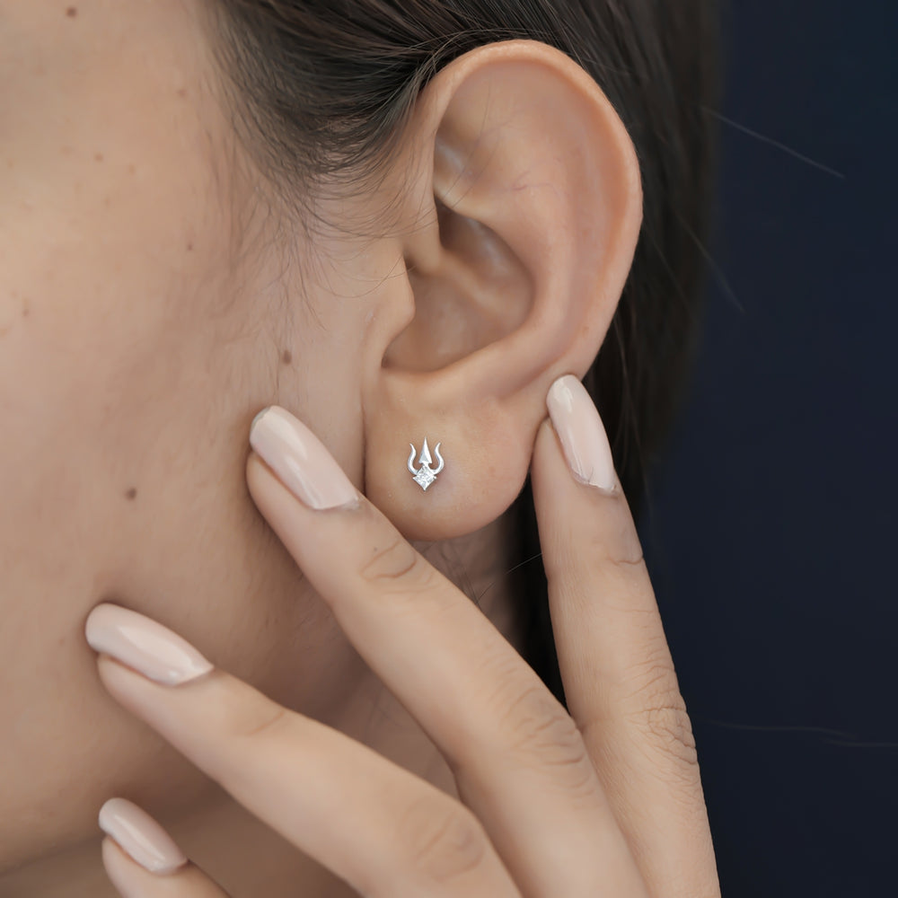 Trishul stud earrings with sacred trident motif and square stone centre