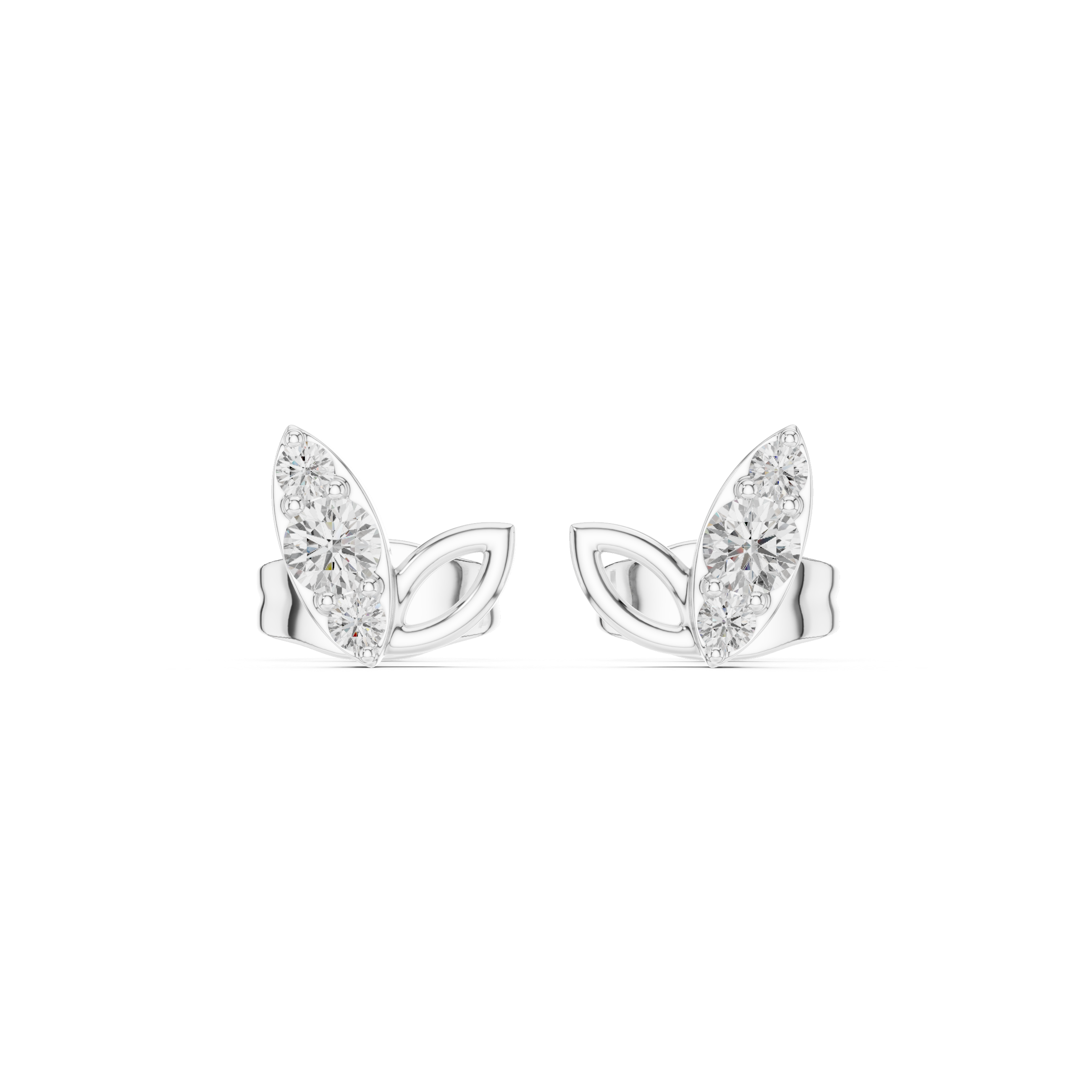 Two-leaf stud earrings with a stone-set pointed leaf and an open polished leaf side by side
