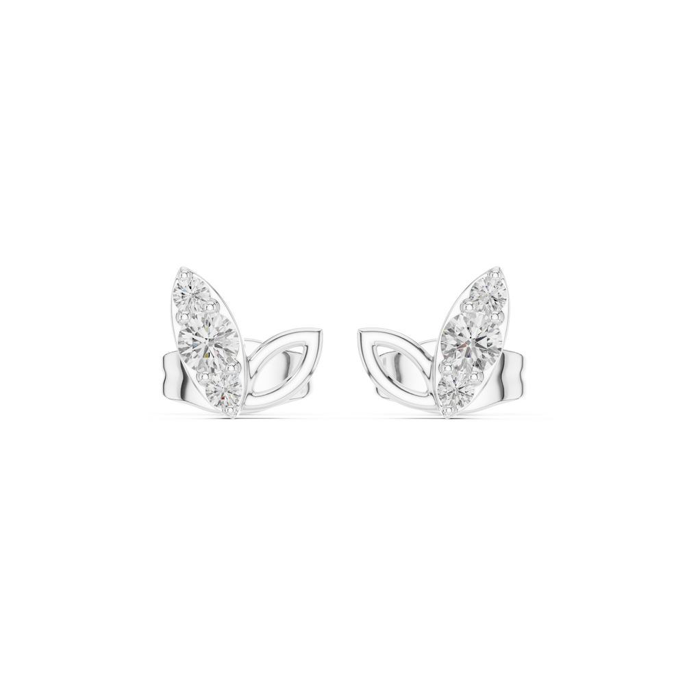 Two-leaf stud earrings with a stone-set pointed leaf and an open polished leaf side by side