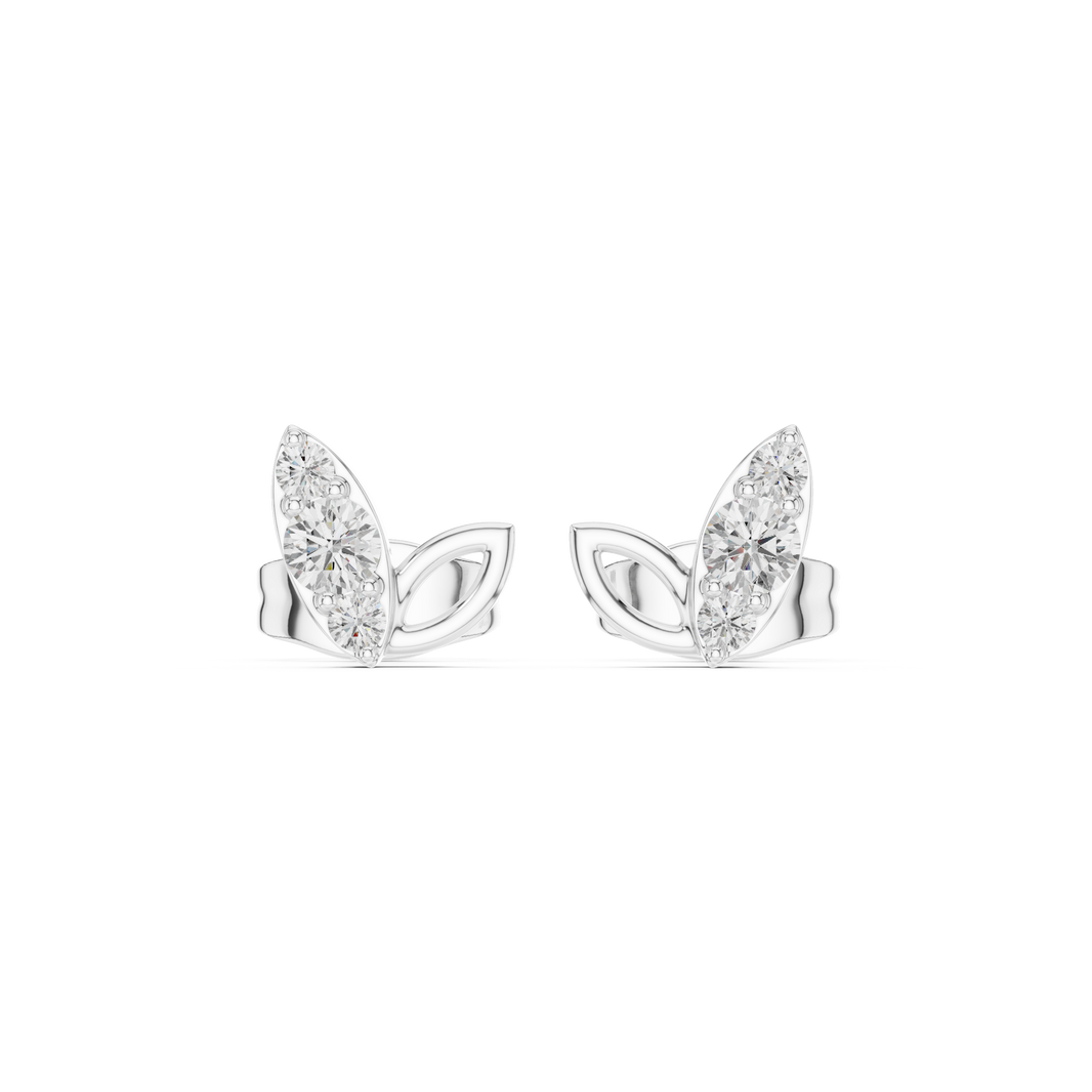 Two-leaf stud earrings with a stone-set pointed leaf and an open polished leaf side by side