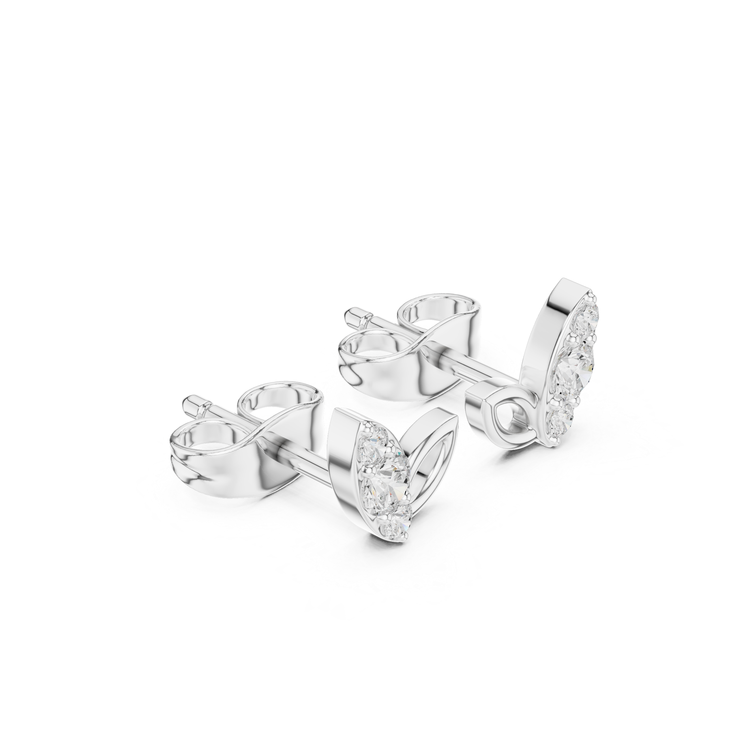 Two-leaf stud earrings with a stone-set pointed leaf and an open polished leaf side by side