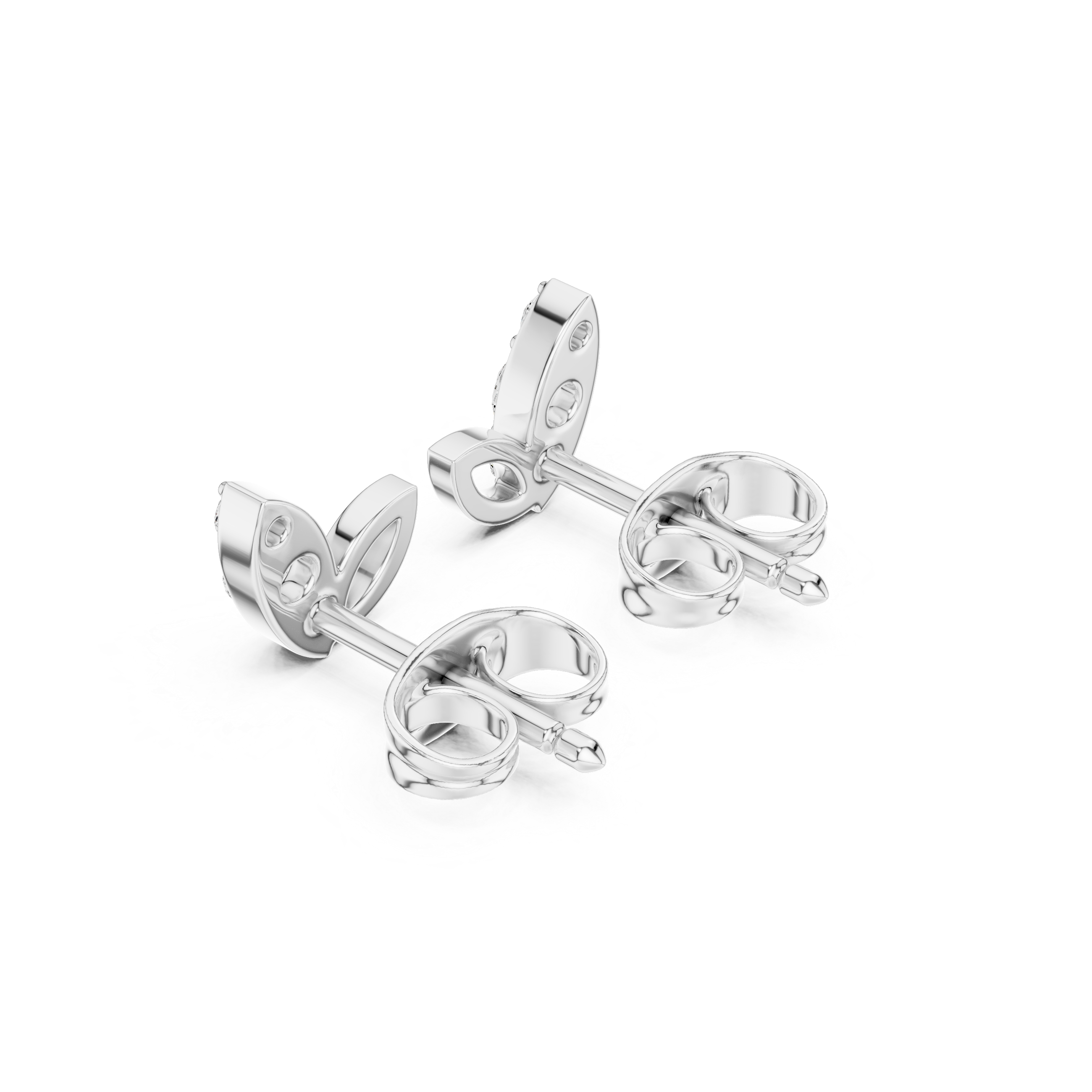 Two-leaf stud earrings with a stone-set pointed leaf and an open polished leaf side by side
