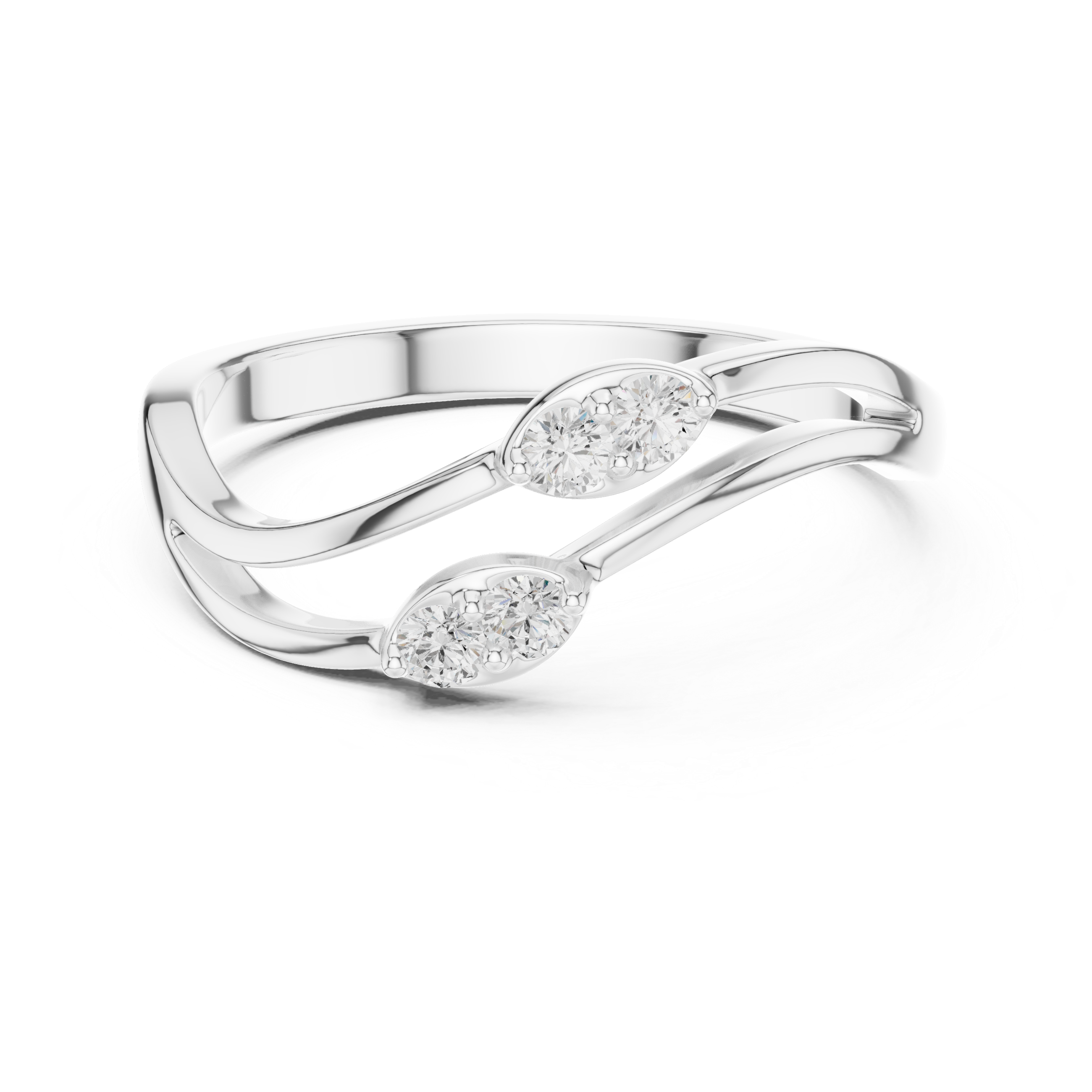 Two stone bypass ring with split shank and round stone detailing