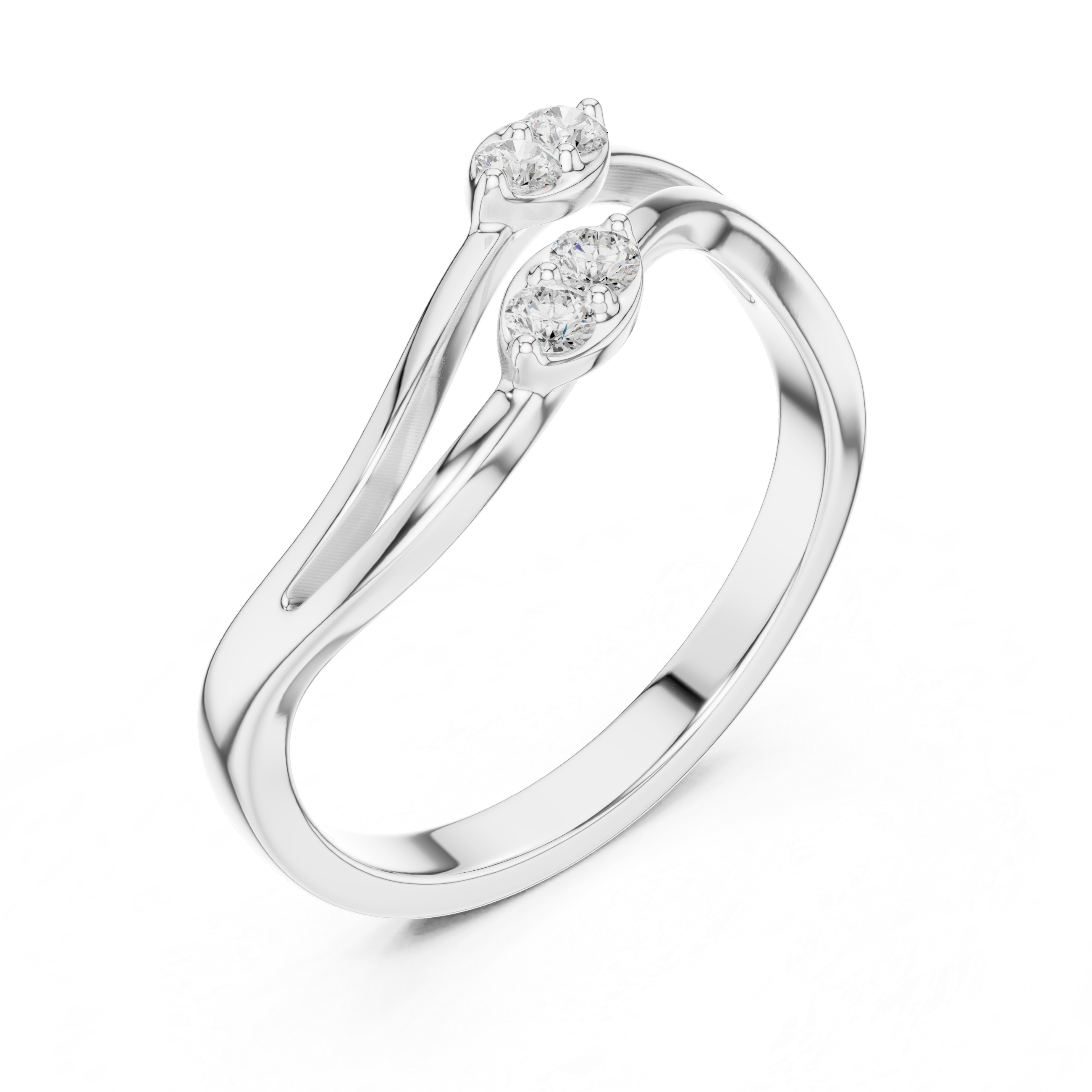 Two stone bypass ring with split shank and round stone detailing