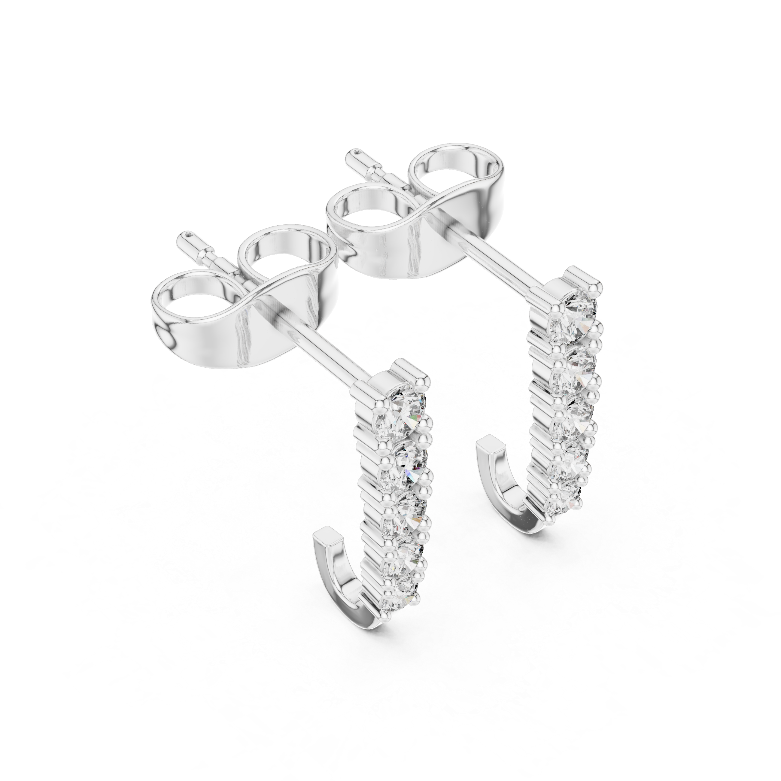 Vertical bar huggie earrings with a straight row of graduating round prong set stones
