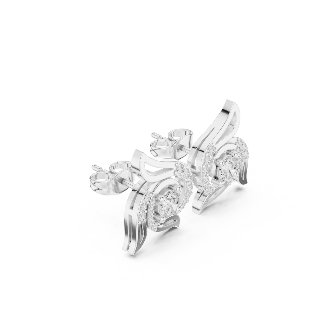 Round brilliant solitaire within a stone-set swirl curl and polished wing motif surround